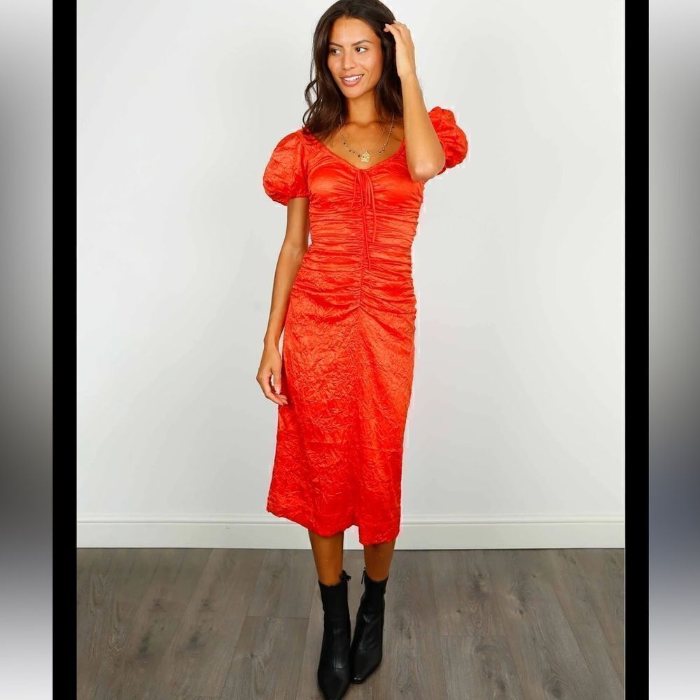 Ganni Red orange Crinkled Satin Midi Dress size 34